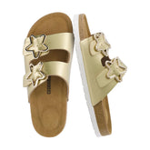 CUSHIONAIRE Lily Girl Sandals with Adjustable Gold Tone Star Buckles and Cushioned Cork Footbed Slip On Girls Slides for Kids