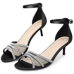 BLISSFUL STEP Women's Satins Rhinestone Mesh Kitten Heels Sandals