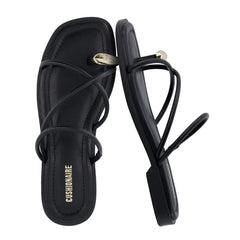 CUSHIONAIRE Venue Womenโs Strappy Toe-Loop Slide Sandals with Gold-Tone Accent & Memory Foam Comfort