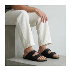CUSHIONAIRE Lane Cork Footbed Mens Sandals, Adjustable Buckle Comfort Slides for Men, Genuine Leather Insole Summer Sandals Men Footwear