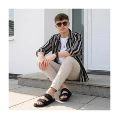 CUSHIONAIRE Alpha 100% Genuine Leather Mens Sandals, Casual Slip On Flat Men Slides with Adjustable Buckles