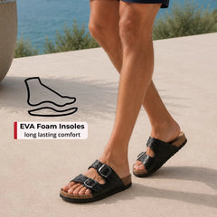 Alpine Swiss Mens Double Strap Contour Sandals Slip on Buckle Slides Vegan Leather Footbed Sandal Ergonomic Cork-Inspired Sole Summer Footwear