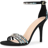 Allegra K Women's Round Toe Rhinestone Ankle Strap Stiletto Heels Sandals