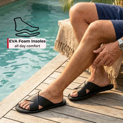 Alpine Swiss Hugo Mens Vegan Leather Slide Sandals Dressy Comfy Indoor Outdoor Shoes Cross Strap Design for Casual Elevated Wear Anti-Slip Flip Flops
