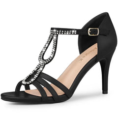 Allegra K Women's Rhinestone Ankle Strap Open Toe Stiletto Heels Sandals
