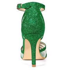 Allegra K Women's Glitter Mesh Stiletto Heel Ankle Buckle Strap Sandals