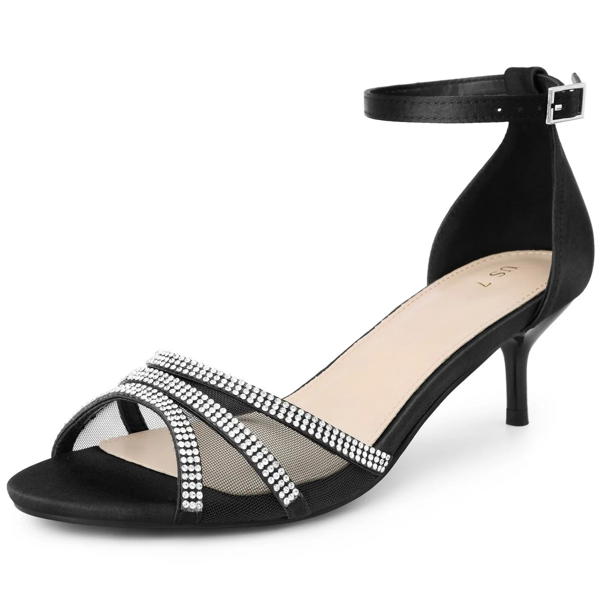 BLISSFUL STEP Women's Satins Rhinestone Mesh Kitten Heels Sandals