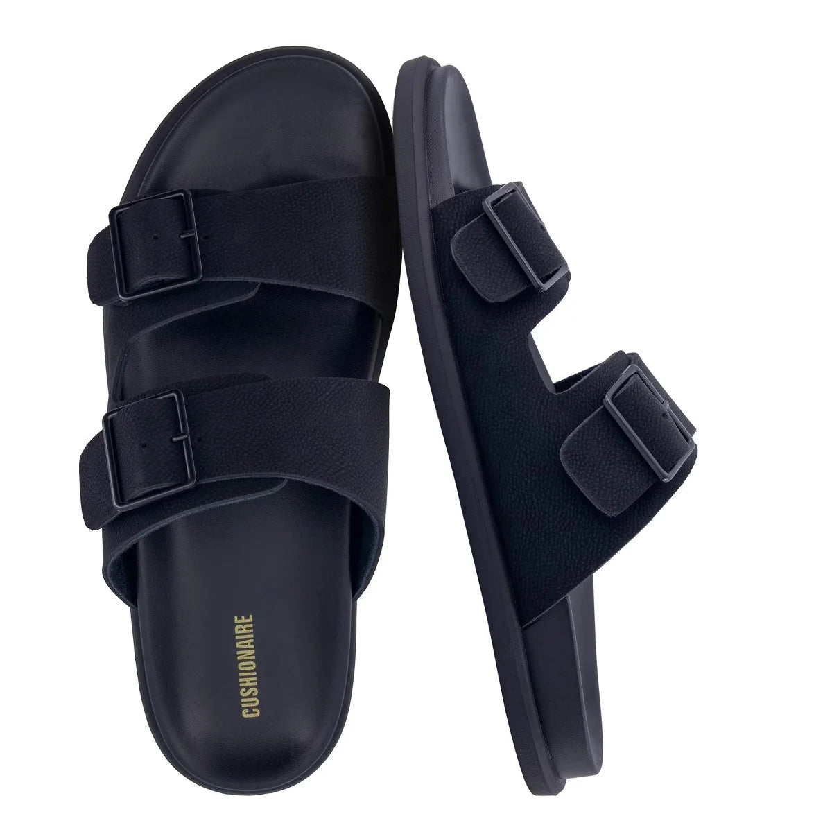 CUSHIONAIRE Alpha 100% Genuine Leather Mens Sandals, Casual Slip On Flat Men Slides with Adjustable Buckles