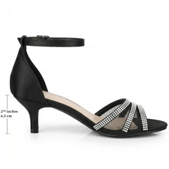 BLISSFUL STEP Women's Satins Rhinestone Mesh Kitten Heels Sandals