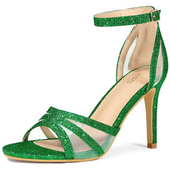 Allegra K Women's Glitter Mesh Stiletto Heel Ankle Buckle Strap Sandals