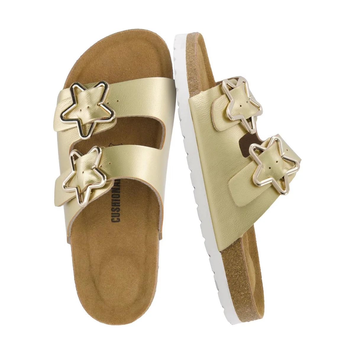 CUSHIONAIRE Lily Girl Sandals with Adjustable Gold Tone Star Buckles and Cushioned Cork Footbed Slip On Girls Slides for Kids