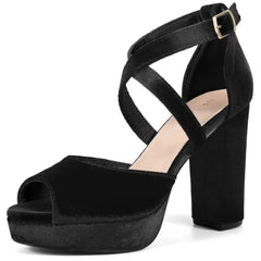 BLISSFUL STEP Women's Crisscross Strap Chunky Heel Platform Heeled Sandals