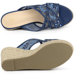 Allegra K Women's Lace Straps Espadrille Platform Slide Wedge Sandals