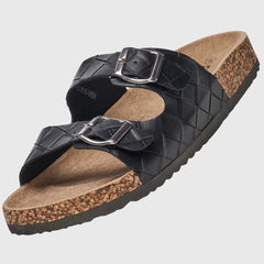 Alpine Swiss Mens Double Strap Contour Sandals Slip on Buckle Slides Vegan Leather Footbed Sandal Ergonomic Cork-Inspired Sole Summer Footwear