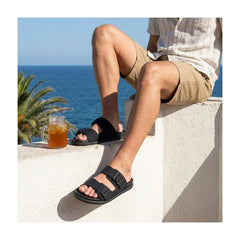 CUSHIONAIRE Alpha 100% Genuine Leather Mens Sandals, Casual Slip On Flat Men Slides with Adjustable Buckles