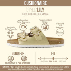 CUSHIONAIRE Lily Girl Sandals with Adjustable Gold Tone Star Buckles and Cushioned Cork Footbed Slip On Girls Slides for Kids