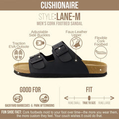 CUSHIONAIRE Lane Cork Footbed Mens Sandals, Adjustable Buckle Comfort Slides for Men, Genuine Leather Insole Summer Sandals Men Footwear