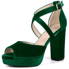 BLISSFUL STEP Women's Crisscross Strap Chunky Heel Platform Heeled Sandals