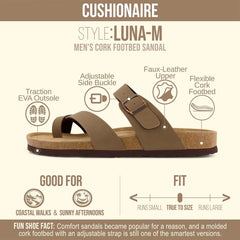 CUSHIONAIRE Luna-M Slides for Men, Comfortable Cork Footbed Mens Sandals with Arch Support and Adjustable Buckle Strap