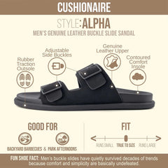 CUSHIONAIRE Alpha 100% Genuine Leather Mens Sandals, Casual Slip On Flat Men Slides with Adjustable Buckles