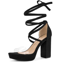 Allegra K Women's Open Toe Lace Up Clear Strap Platform Chunky Heels Sandals
