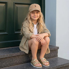 CUSHIONAIRE Lily Girl Sandals with Adjustable Gold Tone Star Buckles and Cushioned Cork Footbed Slip On Girls Slides for Kids